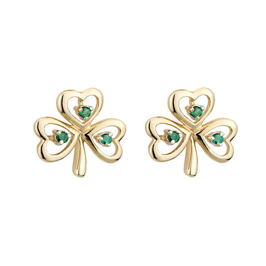 14k Gold Shamrock Stud Earrings w/ Emeralds